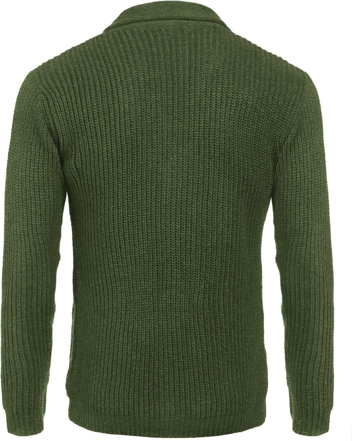imageCOOFANDY Mens Shawl Collar Cardigan Sweater Slim Fit Cable Knit Button up Sweater with PocketsArmy Green