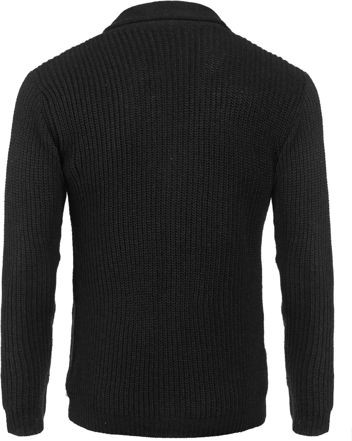 imageCOOFANDY Mens Shawl Collar Cardigan Sweater Slim Fit Cable Knit Button up Sweater with PocketsBlack