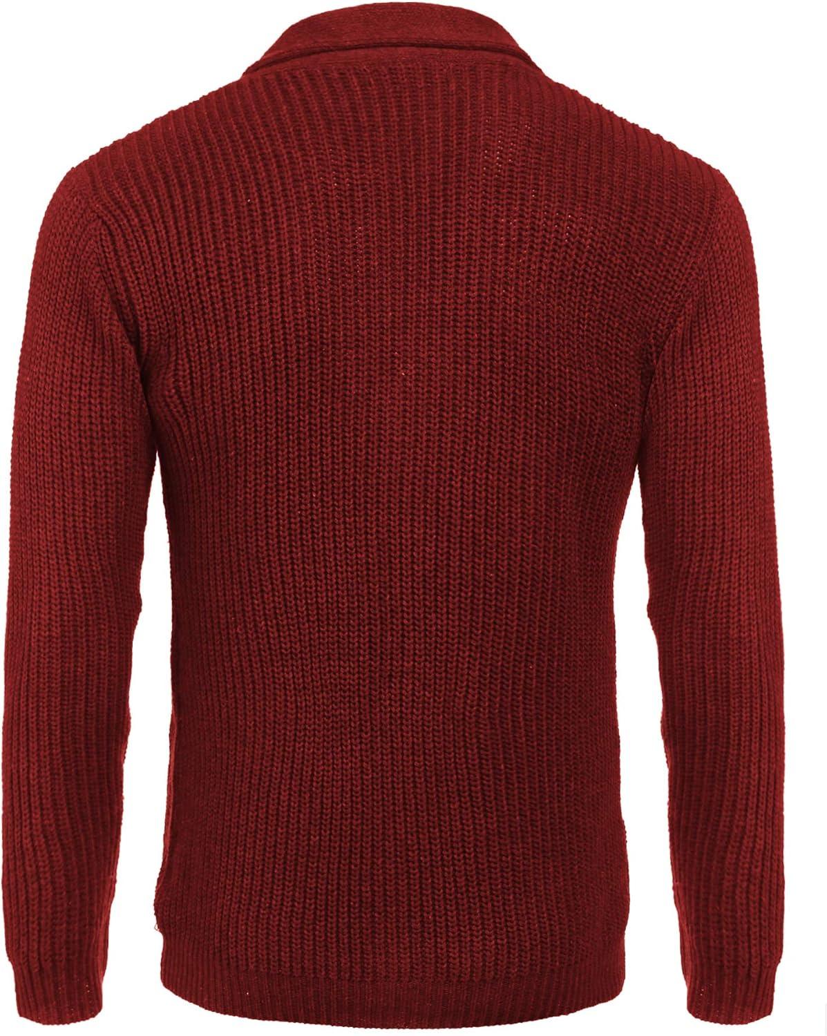 imageCOOFANDY Mens Shawl Collar Cardigan Sweater Slim Fit Cable Knit Button up Sweater with PocketsWine Red