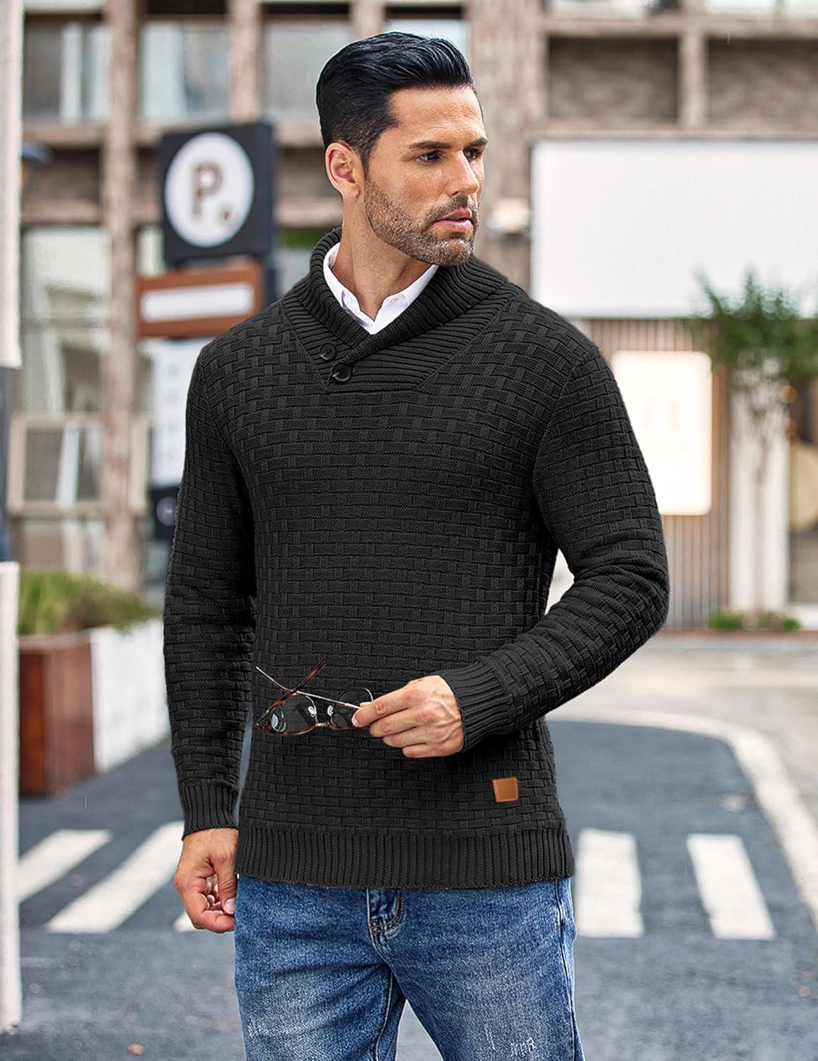 imageCOOFANDY Mens Shawl Collar Pullover Sweater Casual Slim Fit Button Textured Knit SweatersBlack
