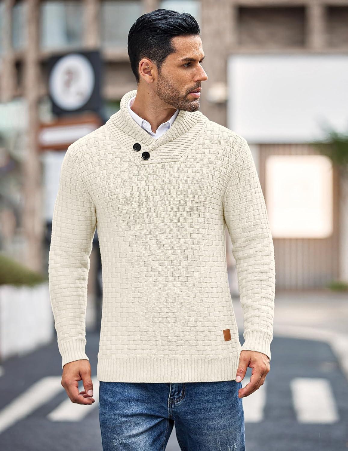 imageCOOFANDY Mens Shawl Collar Pullover Sweater Casual Slim Fit Button Textured Knit SweatersCream