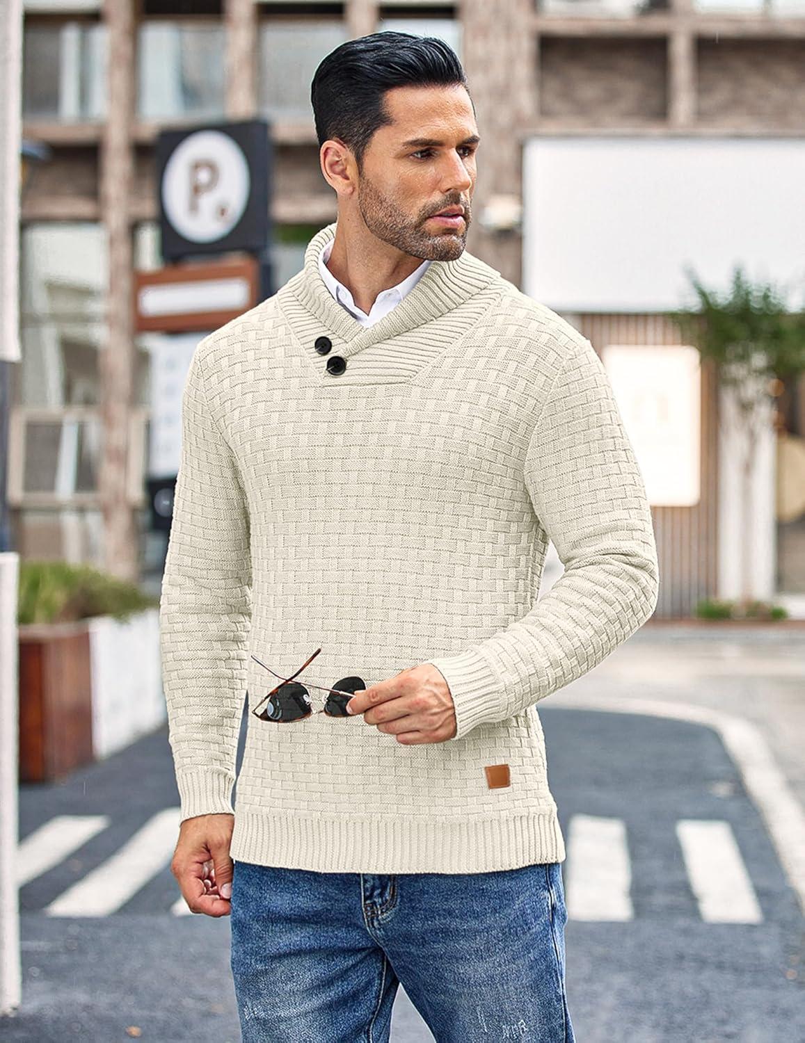 imageCOOFANDY Mens Shawl Collar Pullover Sweater Casual Slim Fit Button Textured Knit SweatersCream