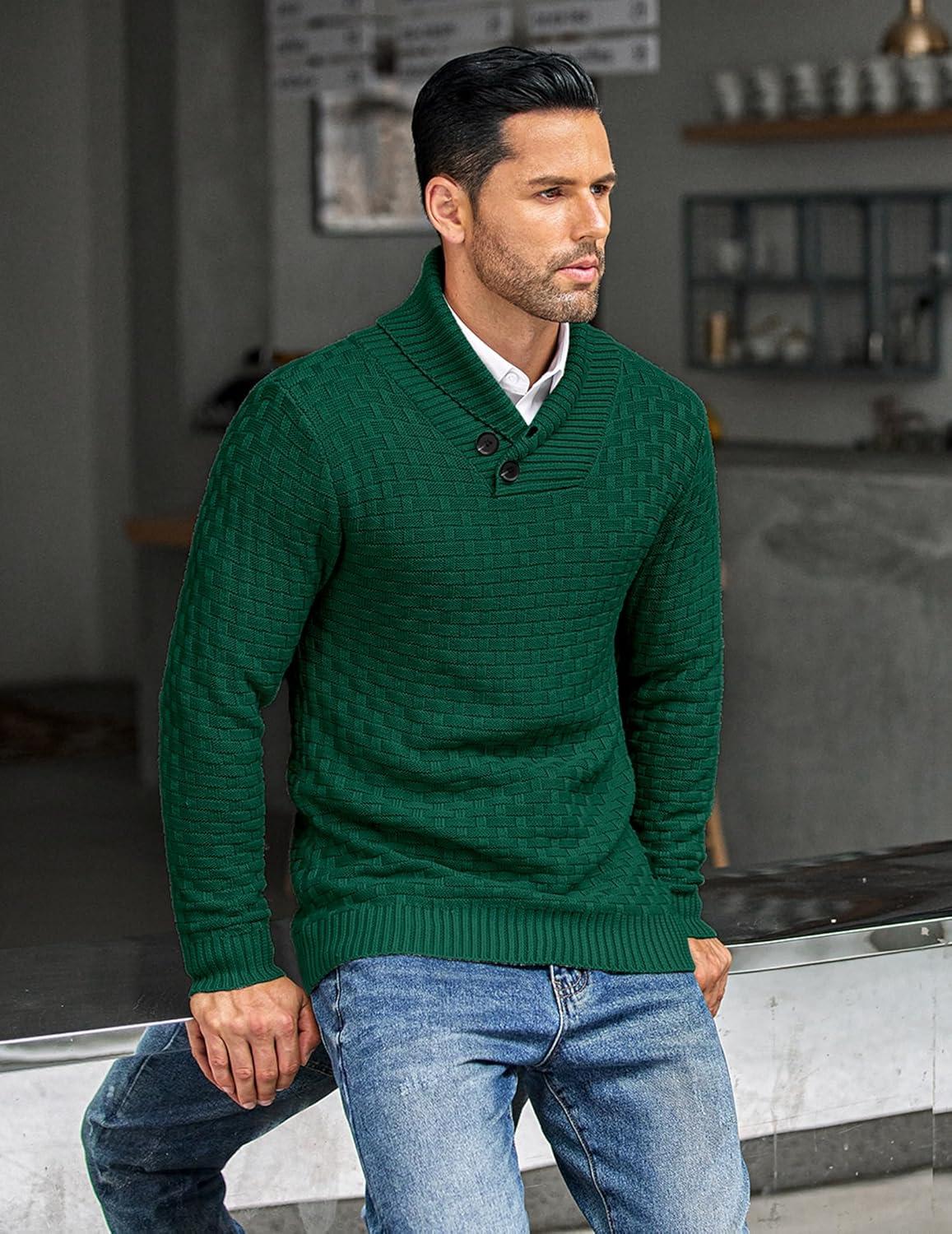imageCOOFANDY Mens Shawl Collar Pullover Sweater Casual Slim Fit Button Textured Knit SweatersDark Green