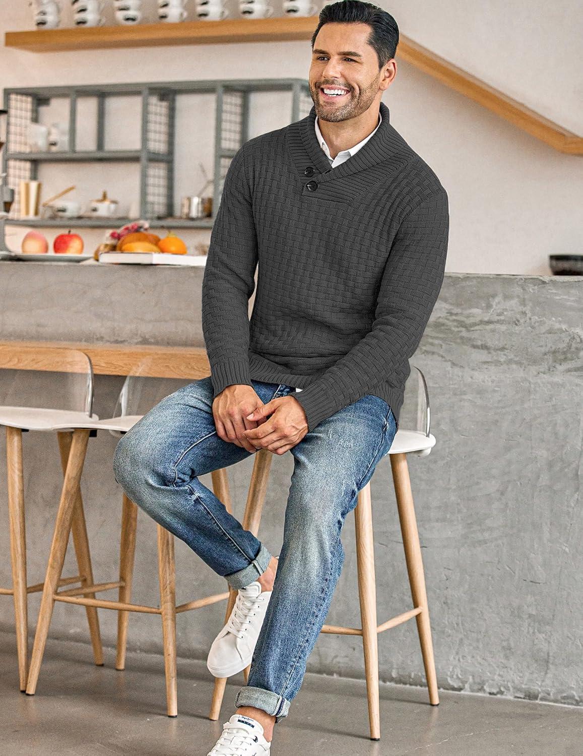 imageCOOFANDY Mens Shawl Collar Pullover Sweater Casual Slim Fit Button Textured Knit SweatersDark Grey