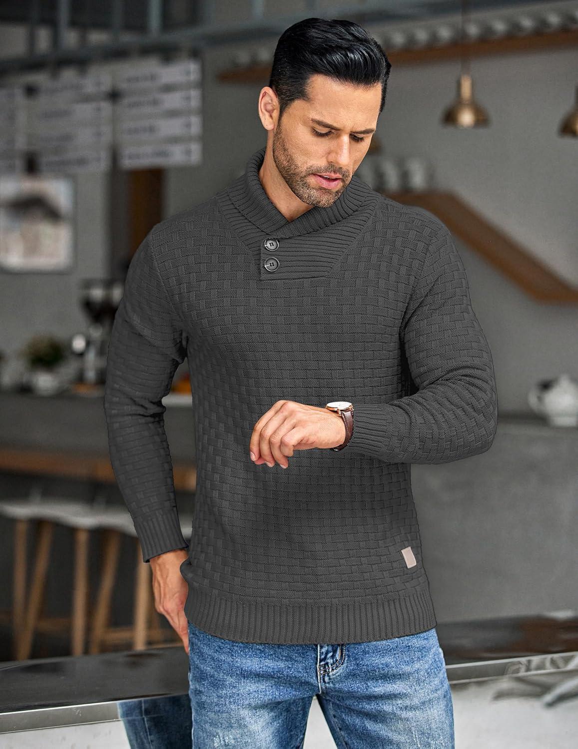imageCOOFANDY Mens Shawl Collar Pullover Sweater Casual Slim Fit Button Textured Knit SweatersDark Grey