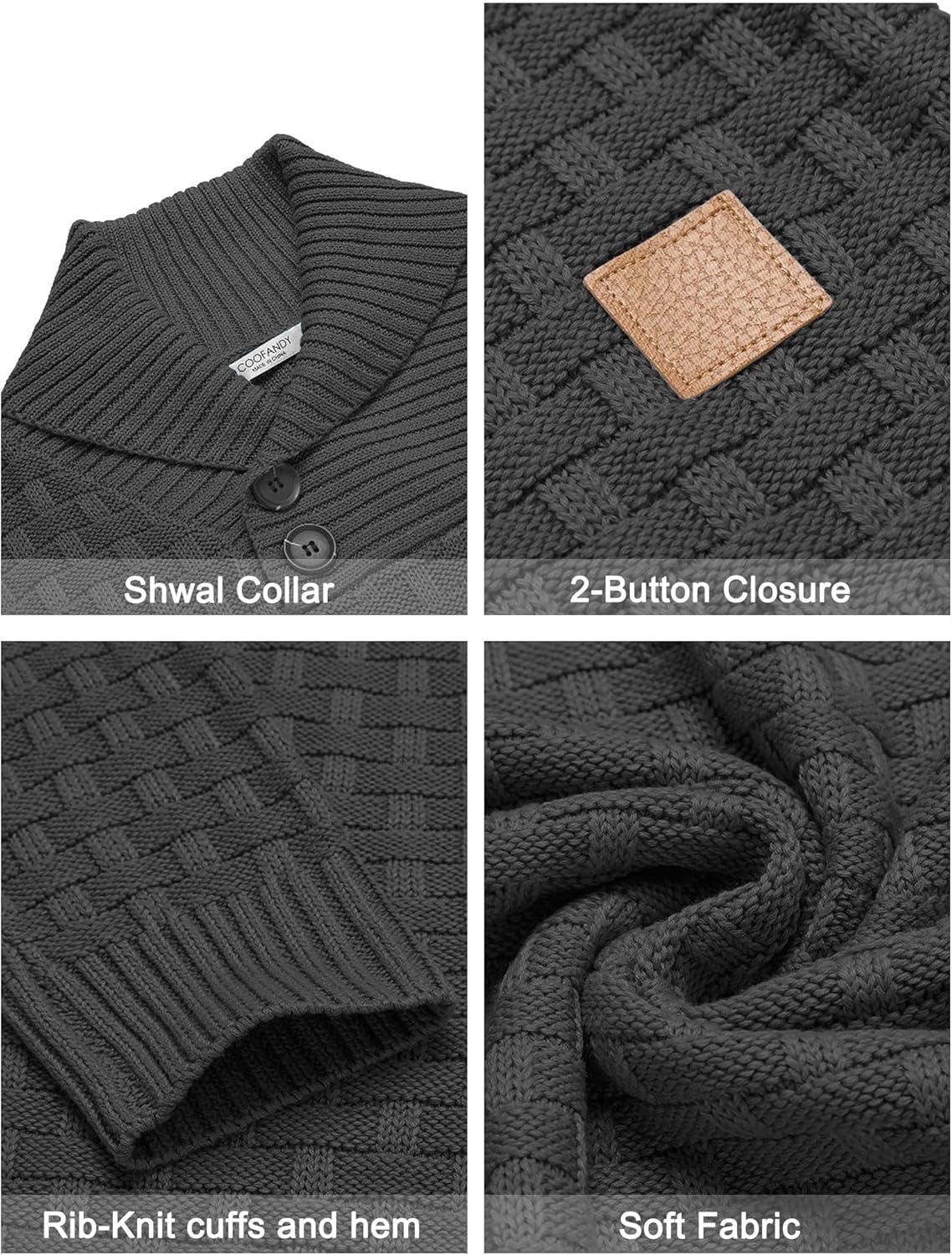 imageCOOFANDY Mens Shawl Collar Pullover Sweater Casual Slim Fit Button Textured Knit SweatersDark Grey