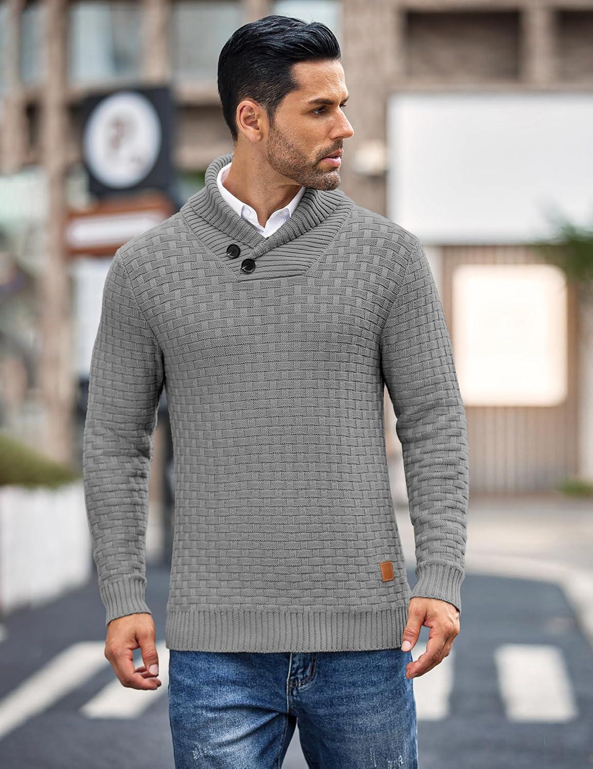 imageCOOFANDY Mens Shawl Collar Pullover Sweater Casual Slim Fit Button Textured Knit SweatersGrey