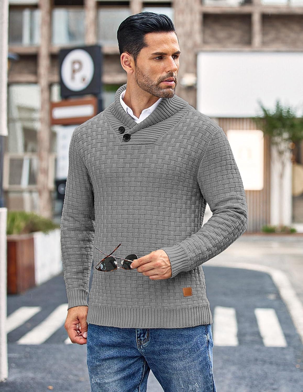 imageCOOFANDY Mens Shawl Collar Pullover Sweater Casual Slim Fit Button Textured Knit SweatersGrey
