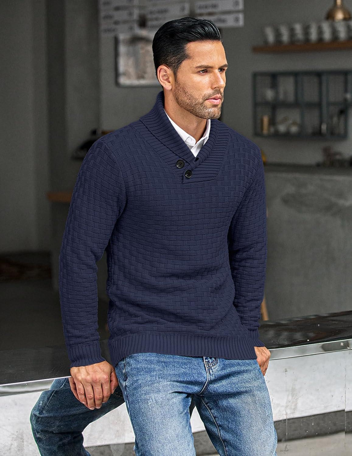 imageCOOFANDY Mens Shawl Collar Pullover Sweater Casual Slim Fit Button Textured Knit SweatersNavy Blue