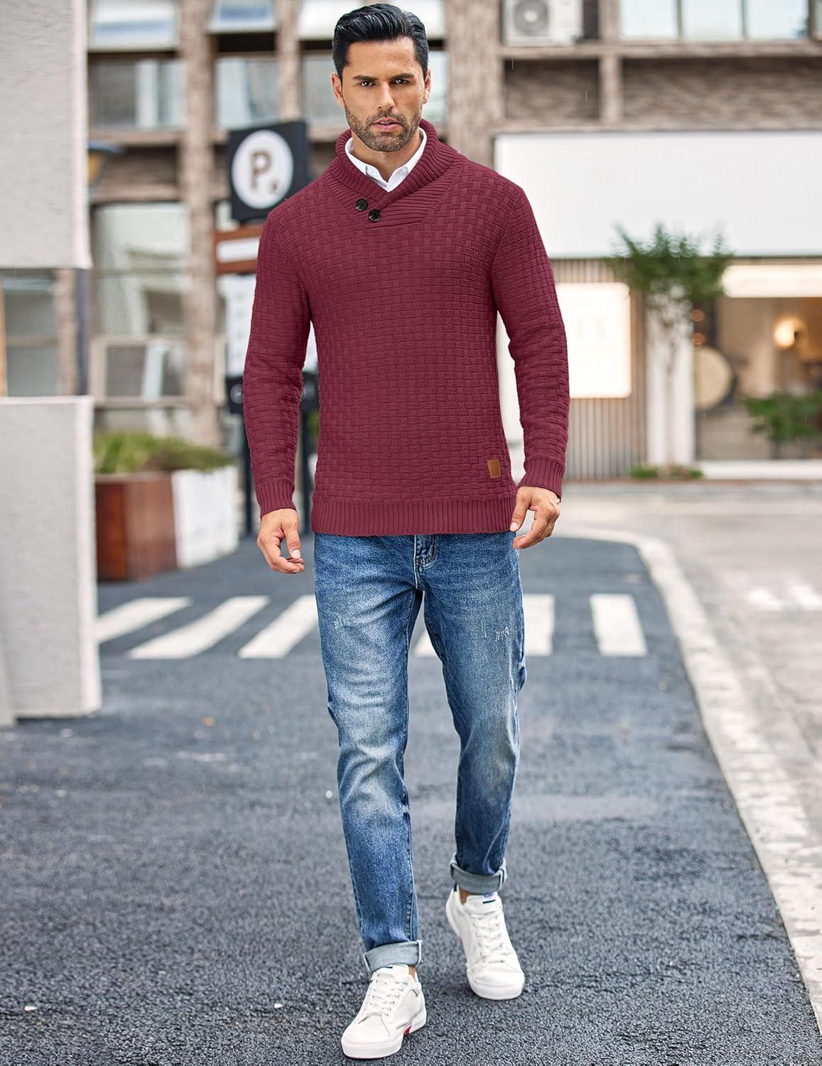 imageCOOFANDY Mens Shawl Collar Pullover Sweater Casual Slim Fit Button Textured Knit SweatersWine Red