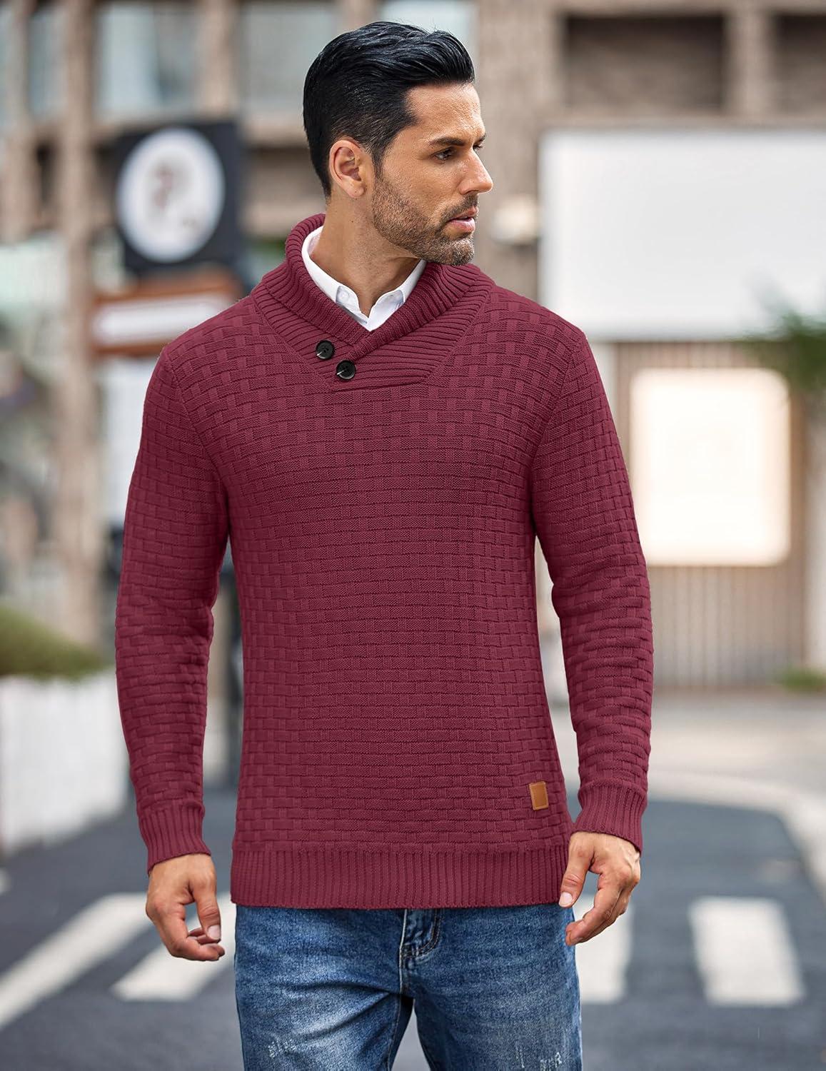 imageCOOFANDY Mens Shawl Collar Pullover Sweater Casual Slim Fit Button Textured Knit SweatersWine Red