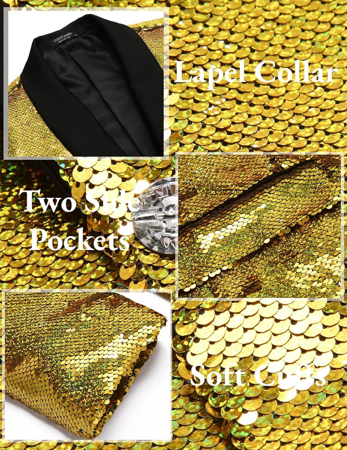 imageCOOFANDY Mens Shiny Sequin Blazer Tuxedo Party Dinner Prom One Button Suit JacketGold