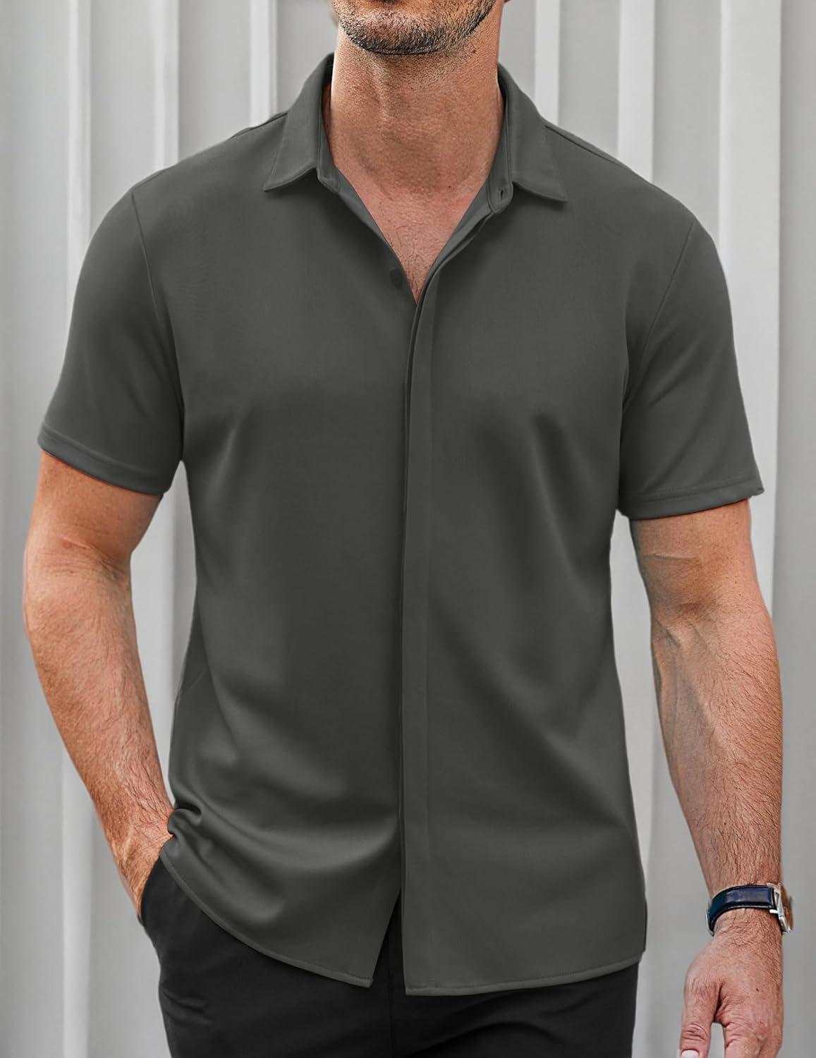 imageCOOFANDY Mens Short Sleeve Wrinkle Free Shirt Casual Button Down Shirt Summer Dress ShirtDark Grey