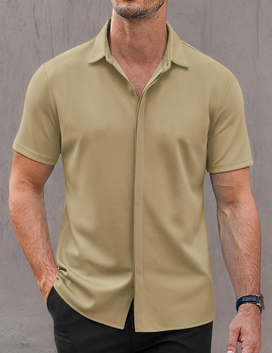 imageCOOFANDY Mens Short Sleeve Wrinkle Free Shirt Casual Button Down Shirt Summer Dress ShirtKhaki