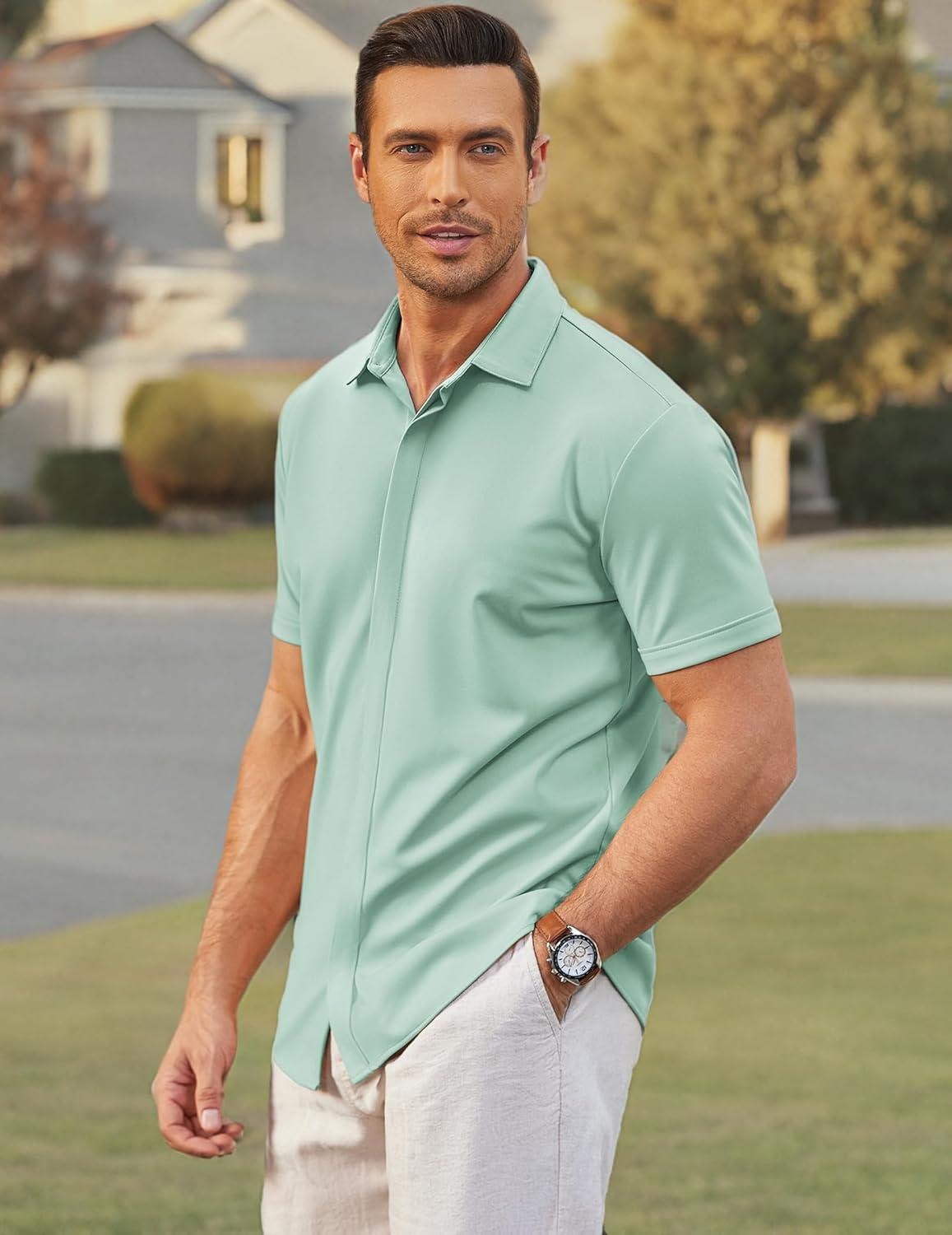 imageCOOFANDY Mens Short Sleeve Wrinkle Free Shirt Casual Button Down Shirt Summer Dress ShirtLight Green