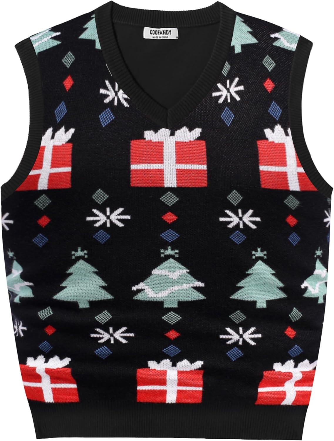 imageCOOFANDY Mens Sleeveless V Neck Pullover Sweater Slim Fit Casual Argyle Sweater VestColorful Christmas Tree