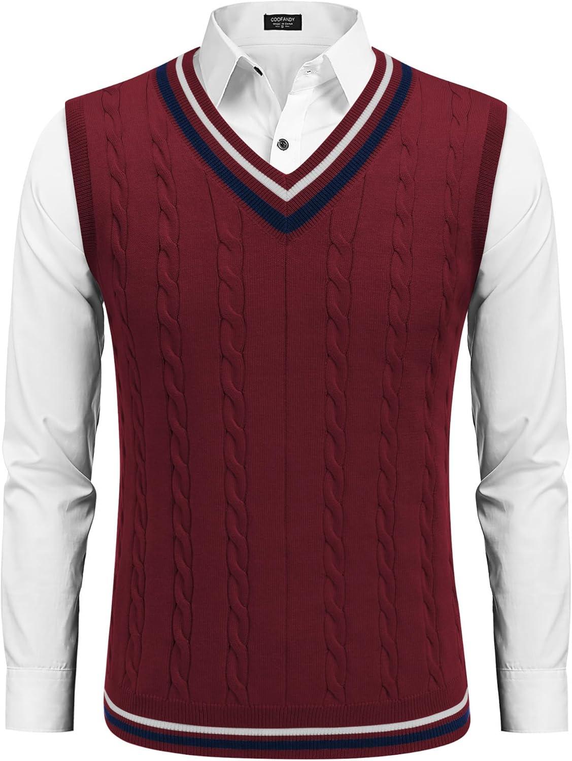 imageCOOFANDY Mens Sleeveless V Neck Pullover Sweater Slim Fit Casual Argyle Sweater VestDark Red