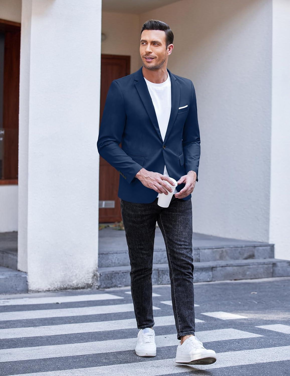 imageCOOFANDY Mens Slim Fit Casual Blazers Lightweight Sport Coats One Button Suit JacketsBlue