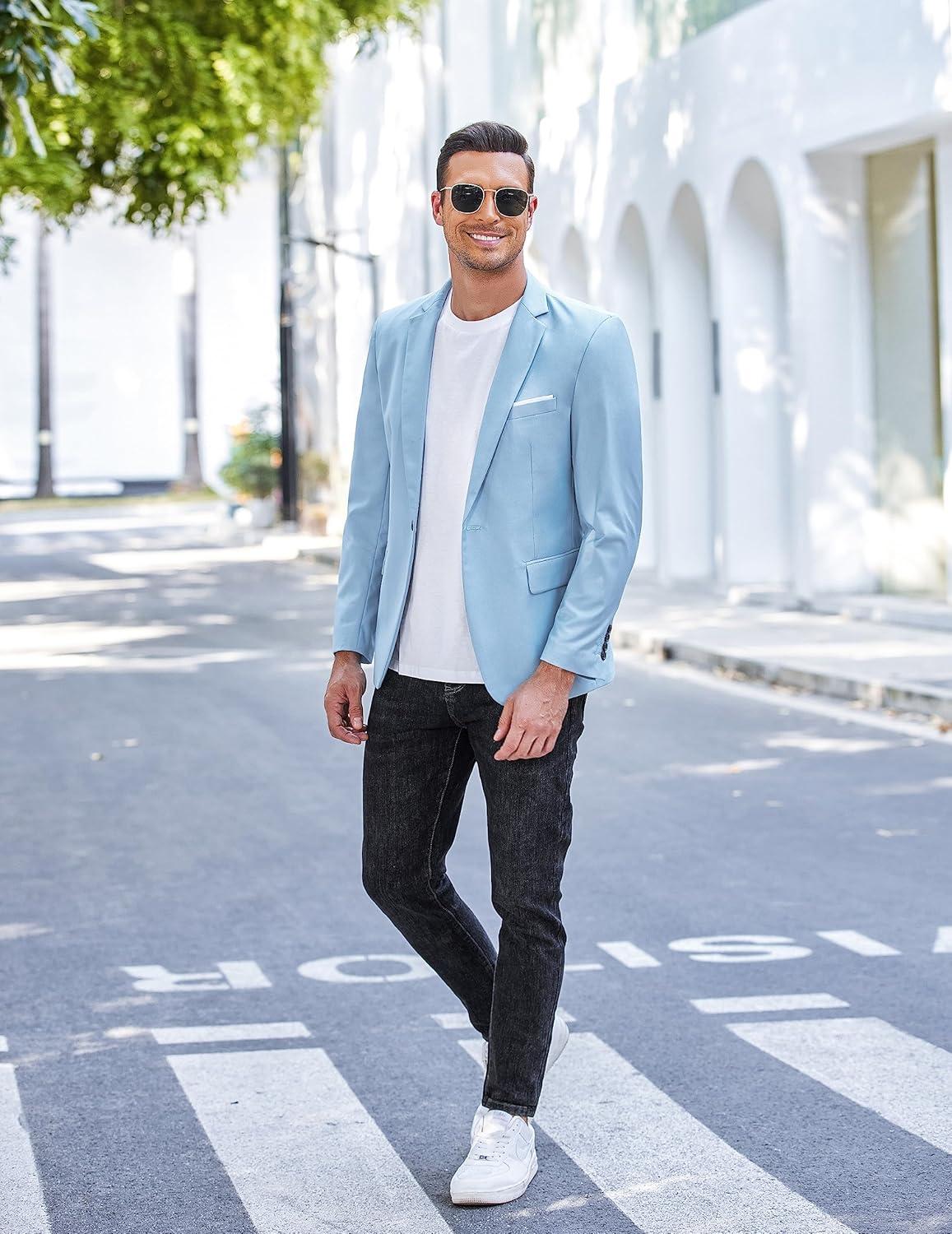 imageCOOFANDY Mens Slim Fit Casual Blazers Lightweight Sport Coats One Button Suit JacketsLight Blue