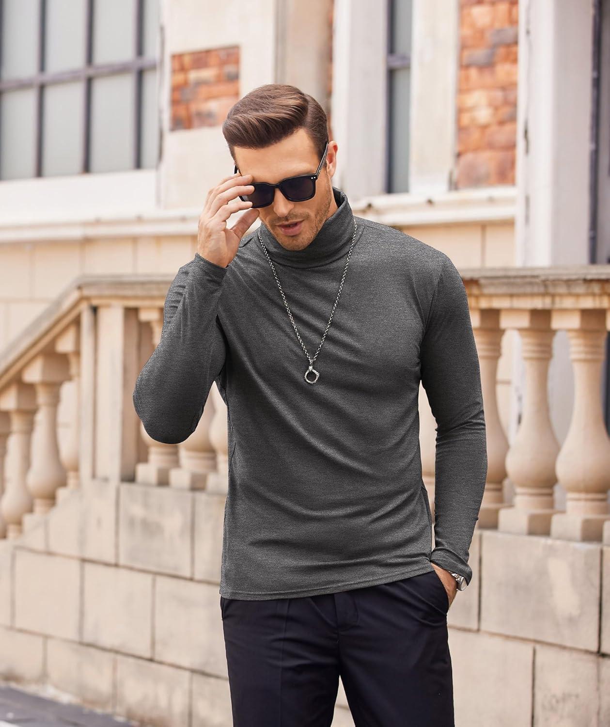imageCOOFANDY Mens Slim Fit Mock Turtleneck Pullover Sweater Casual Basic Knitted Thermal SweatersDark Grey