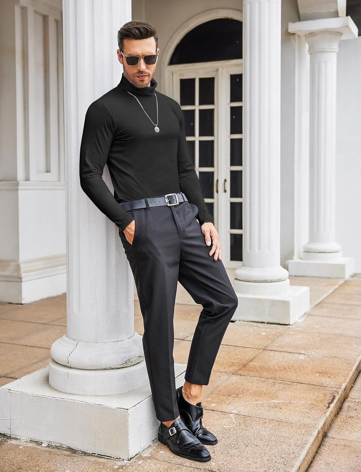 imageCOOFANDY Mens Slim Fit Turtleneck Cotton T Shirts Casual Long Sleeve Basic Tops Lightweight Pullover Sweater01black