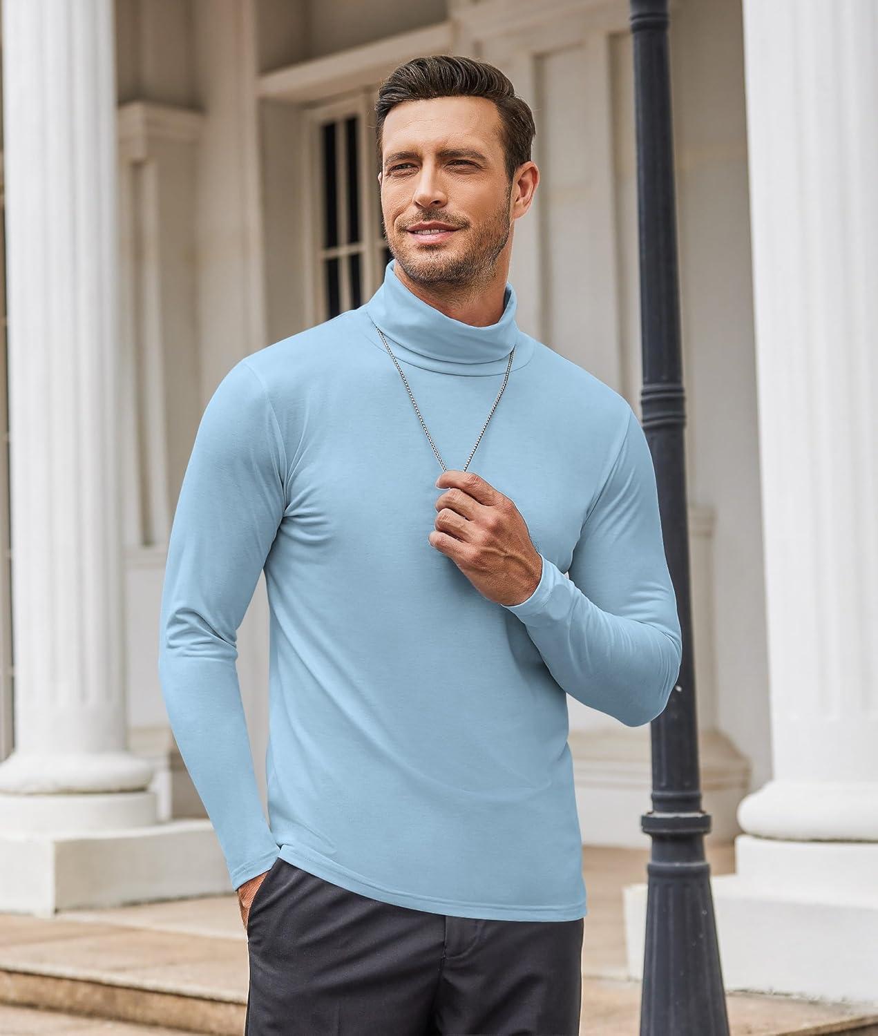 imageCOOFANDY Mens Slim Fit Turtleneck Cotton T Shirts Casual Long Sleeve Basic Tops Lightweight Pullover SweaterLight Blue