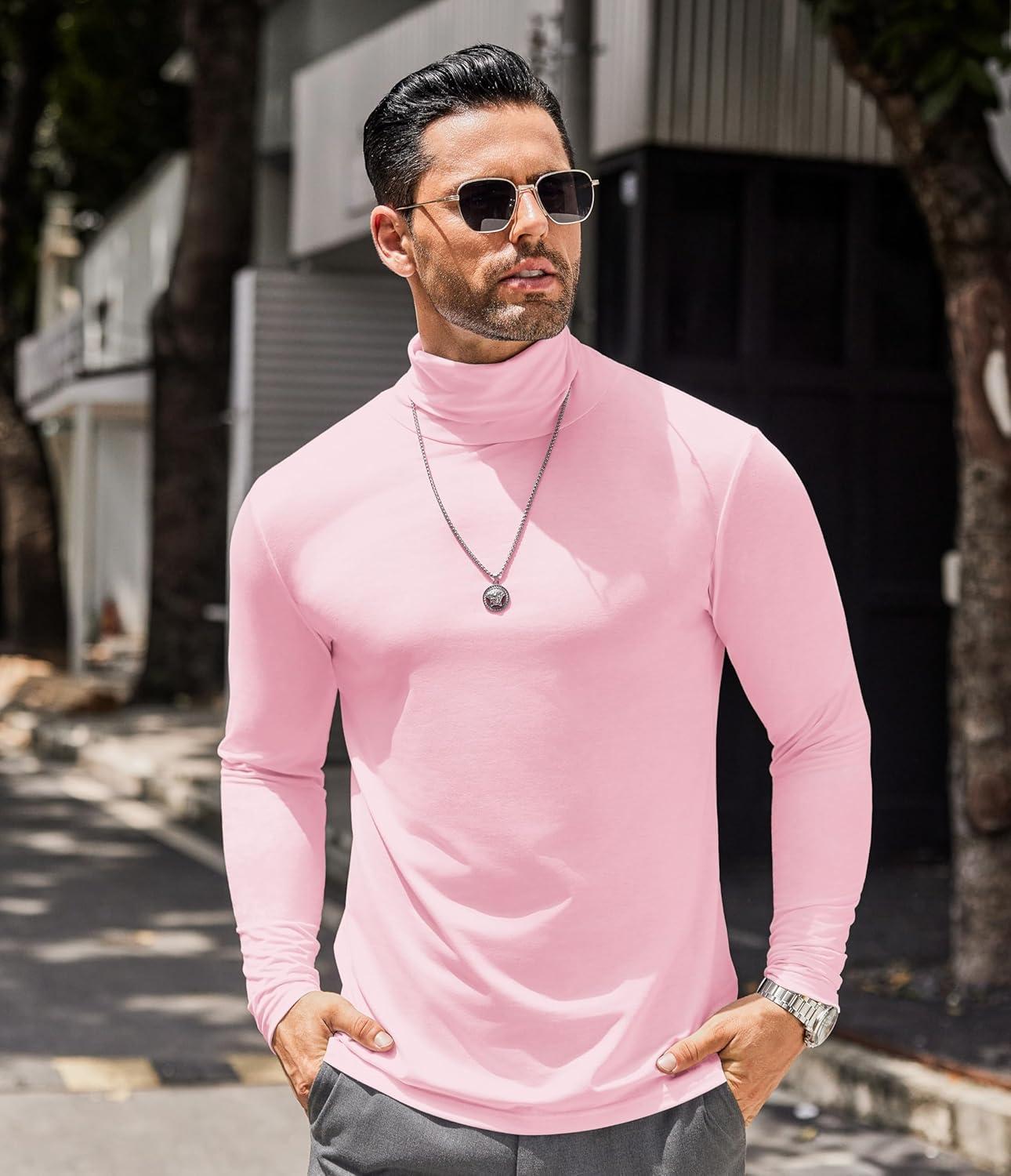 imageCOOFANDY Mens Slim Fit Turtleneck Sweater Casual Basic Knitted Long Sleeve Pullover SweaterLight Pink