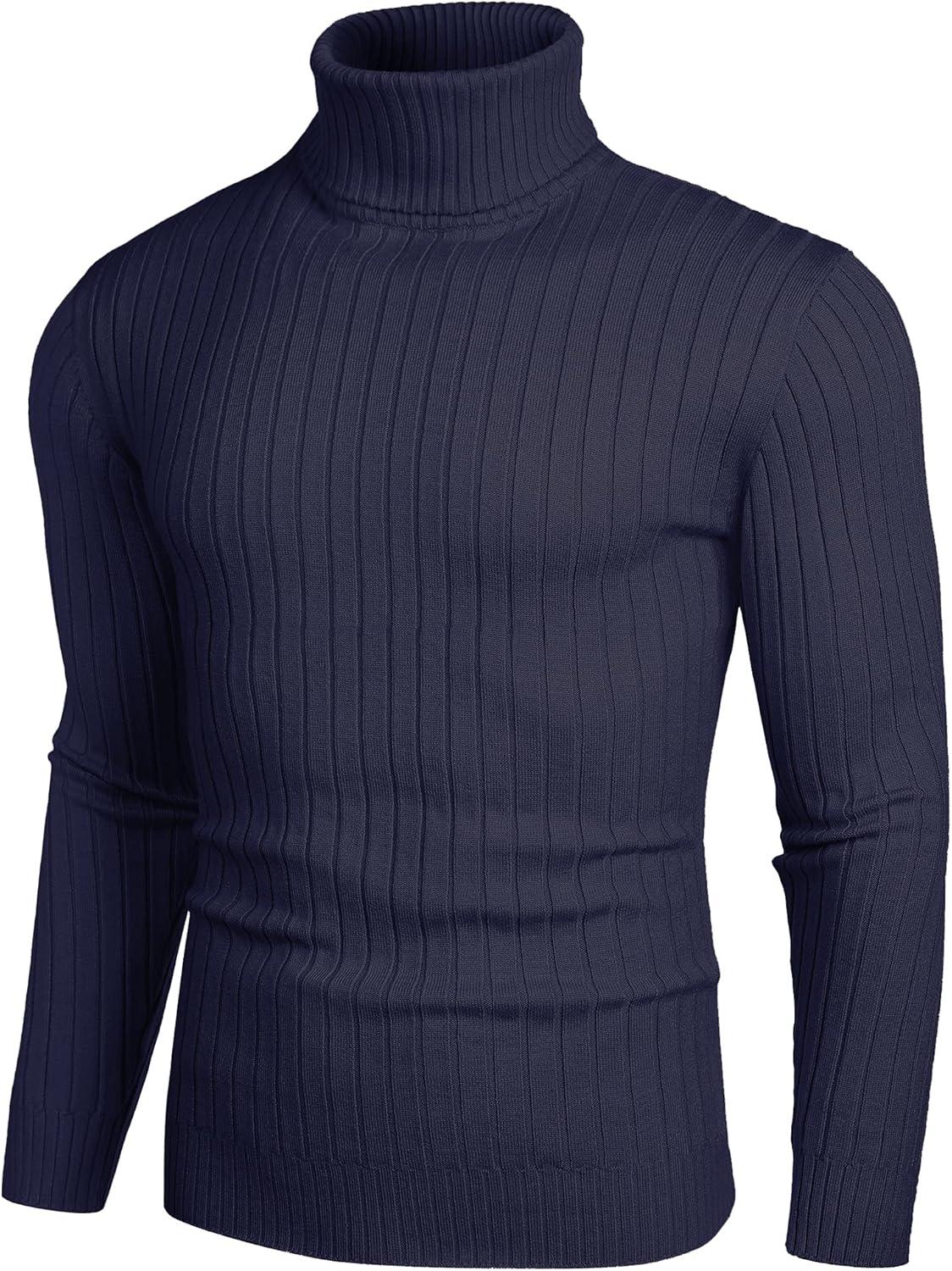 imageCOOFANDY Mens Slim Fit Turtleneck Sweater Casual Pullover Sweater Lightweight Ribbed SweaterNavy Blue