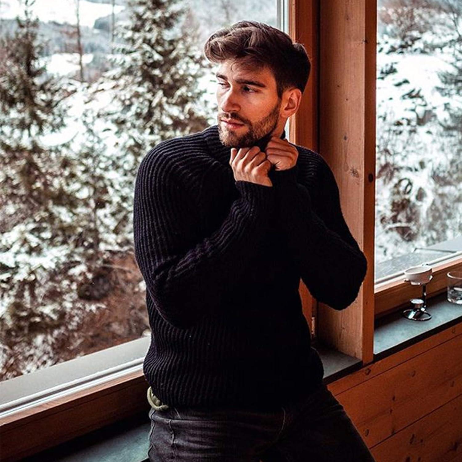 imageCOOFANDY Mens Slim Fit Turtleneck Sweater Casual Twist Patterned Pullover Knitted Sweaters01black