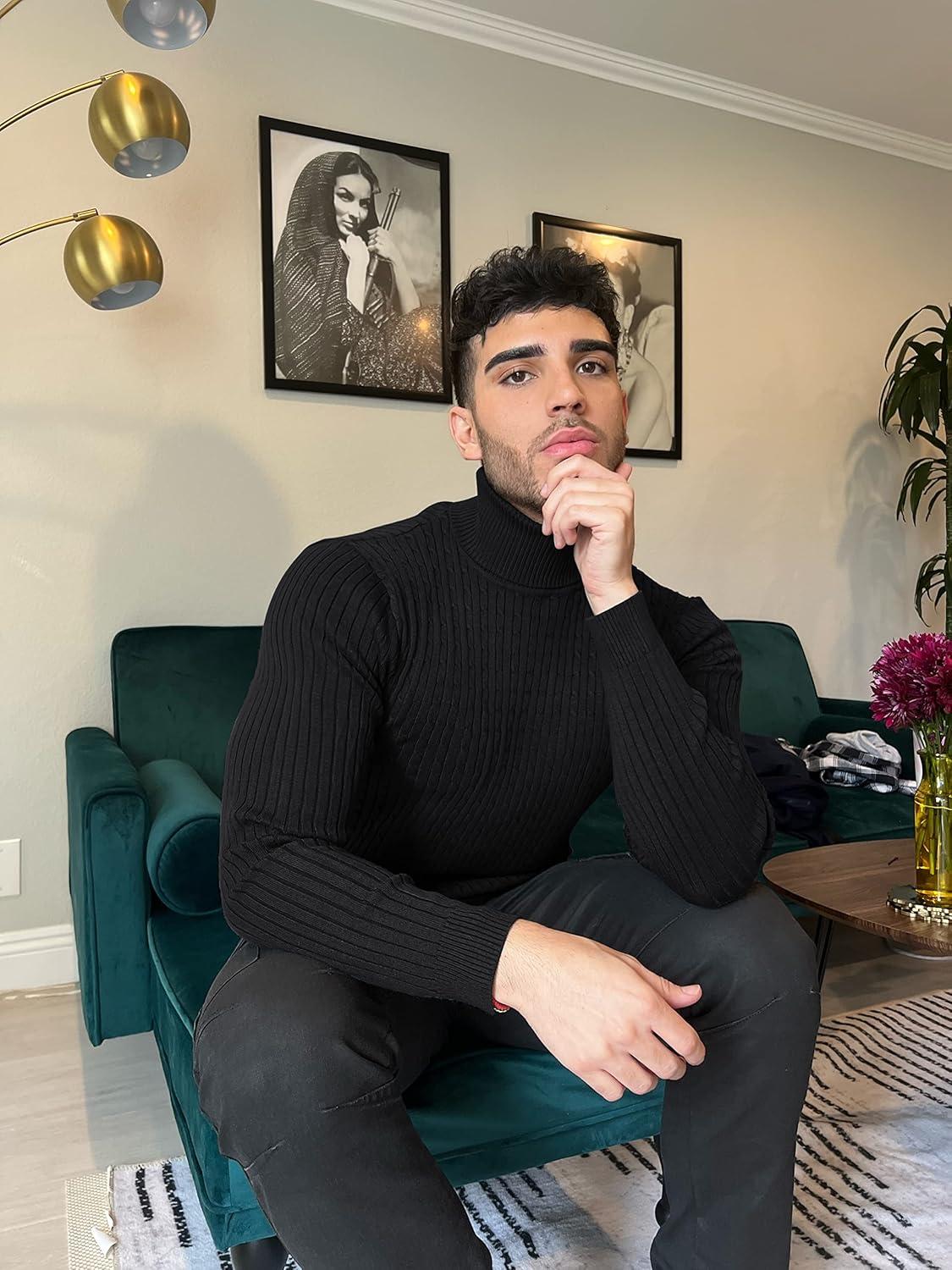 imageCOOFANDY Mens Slim Fit Turtleneck Sweater Casual Twist Patterned Pullover Knitted Sweaters01black