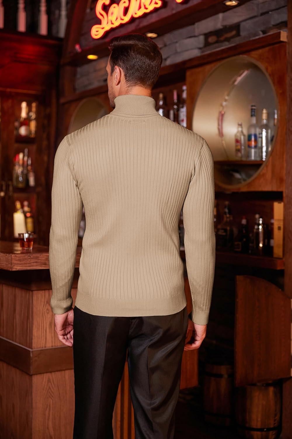 imageCOOFANDY Mens Slim Fit Turtleneck Sweater Casual Twist Patterned Pullover Knitted SweatersBeige