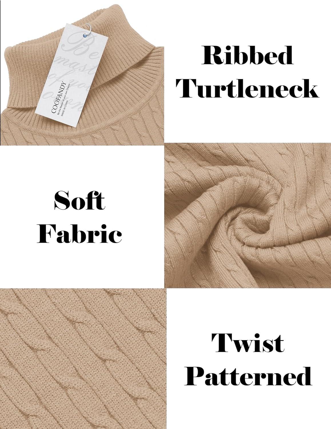 imageCOOFANDY Mens Slim Fit Turtleneck Sweater Casual Twist Patterned Pullover Knitted SweatersBeige