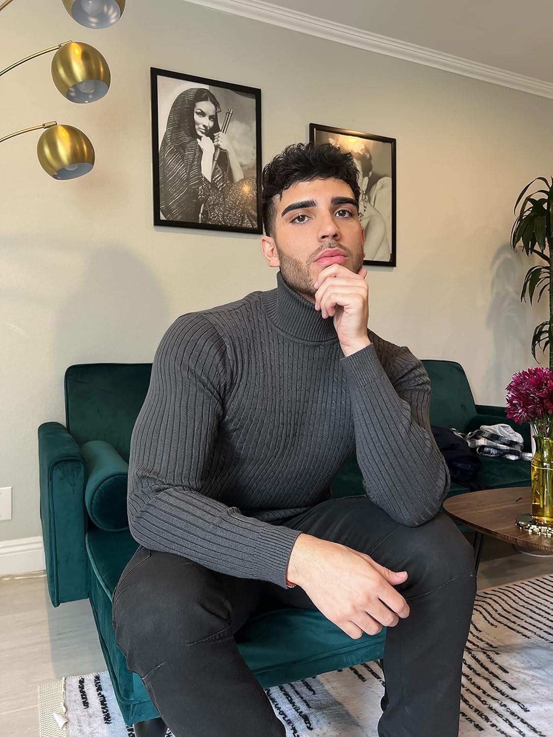 imageCOOFANDY Mens Slim Fit Turtleneck Sweater Casual Twist Patterned Pullover Knitted SweatersDark Grey