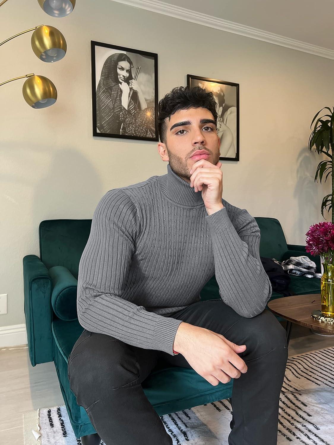 imageCOOFANDY Mens Slim Fit Turtleneck Sweater Casual Twist Patterned Pullover Knitted SweatersGrey