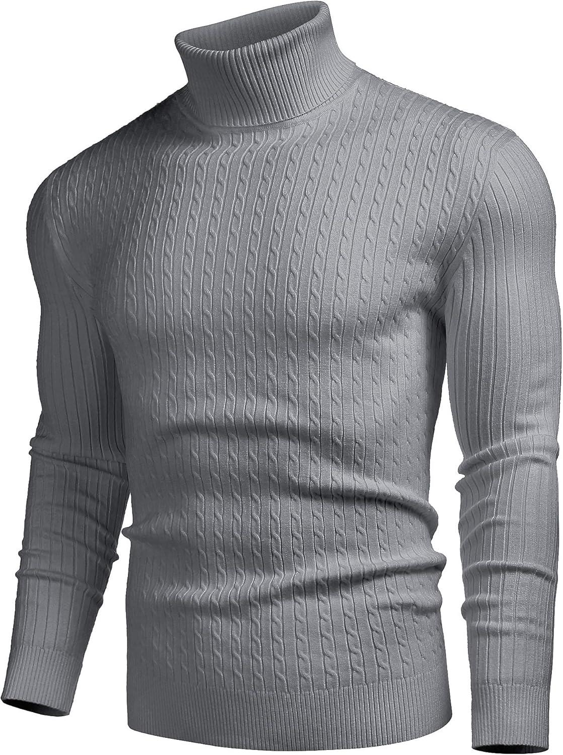 imageCOOFANDY Mens Slim Fit Turtleneck Sweater Casual Twist Patterned Pullover Knitted SweatersGrey