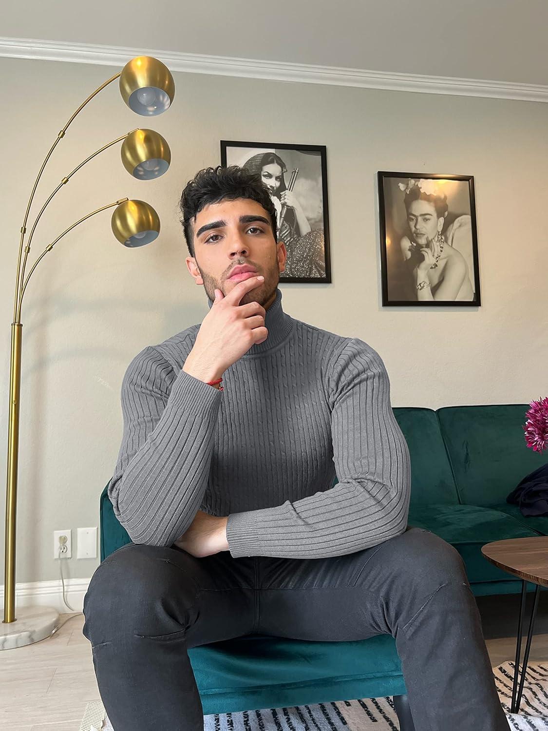 imageCOOFANDY Mens Slim Fit Turtleneck Sweater Casual Twist Patterned Pullover Knitted SweatersGrey