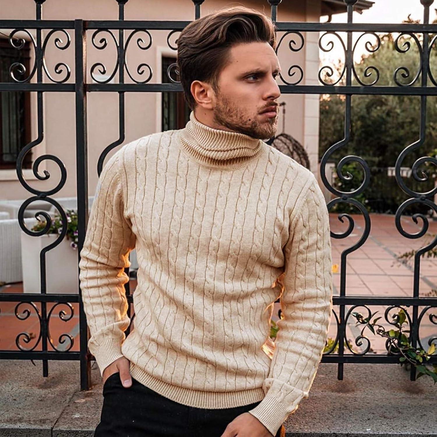 imageCOOFANDY Mens Slim Fit Turtleneck Sweater Casual Twist Patterned Pullover Knitted SweatersKhaki
