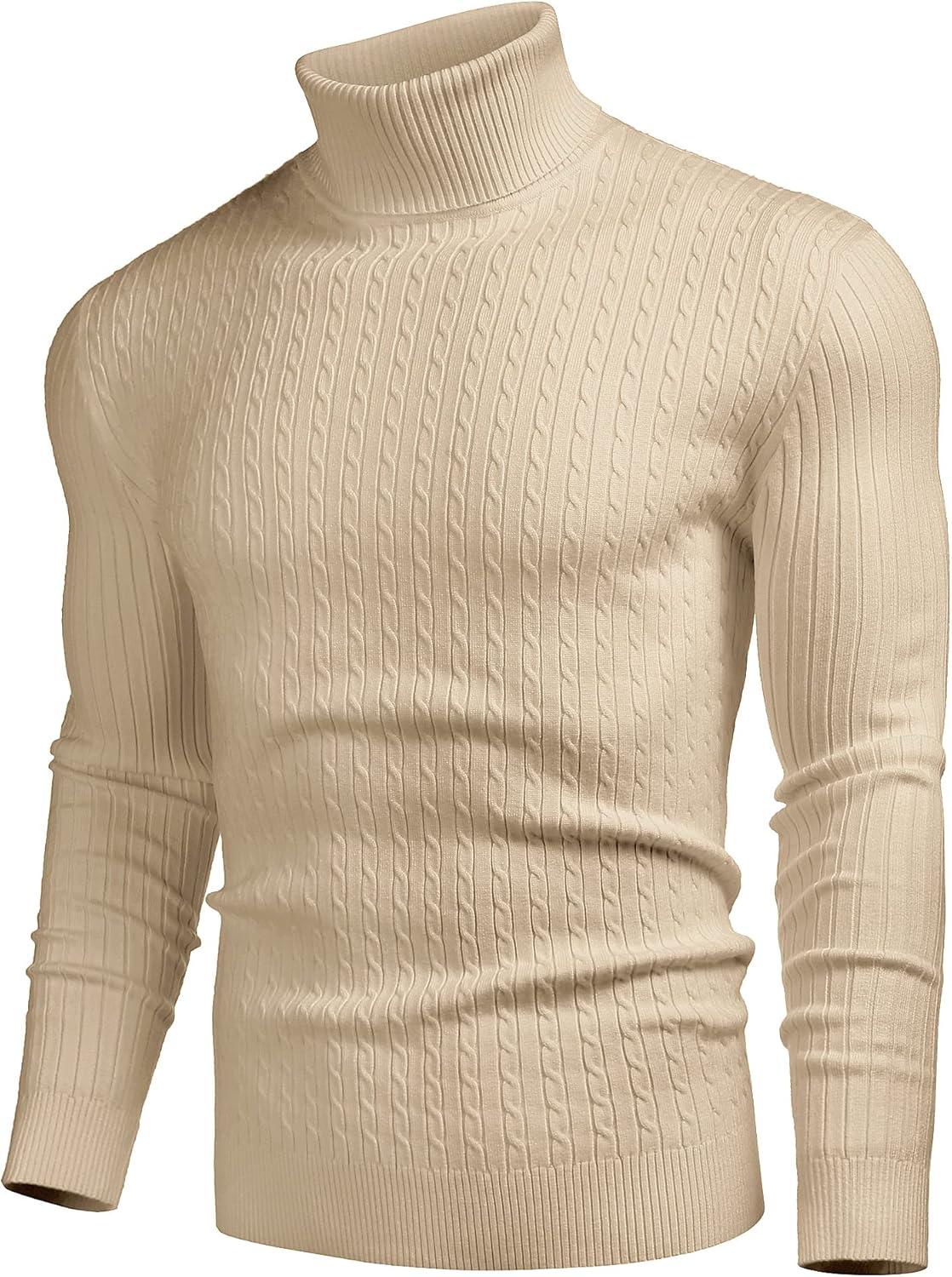 imageCOOFANDY Mens Slim Fit Turtleneck Sweater Casual Twist Patterned Pullover Knitted SweatersLight Khaki