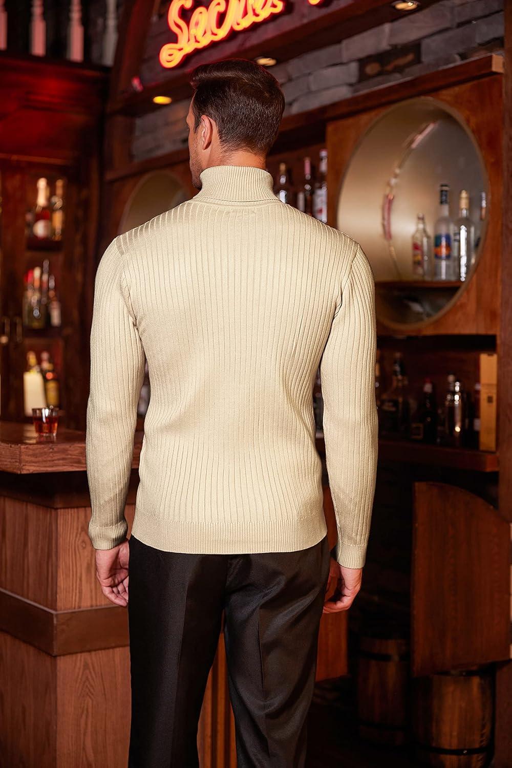 imageCOOFANDY Mens Slim Fit Turtleneck Sweater Casual Twist Patterned Pullover Knitted SweatersLight Khaki