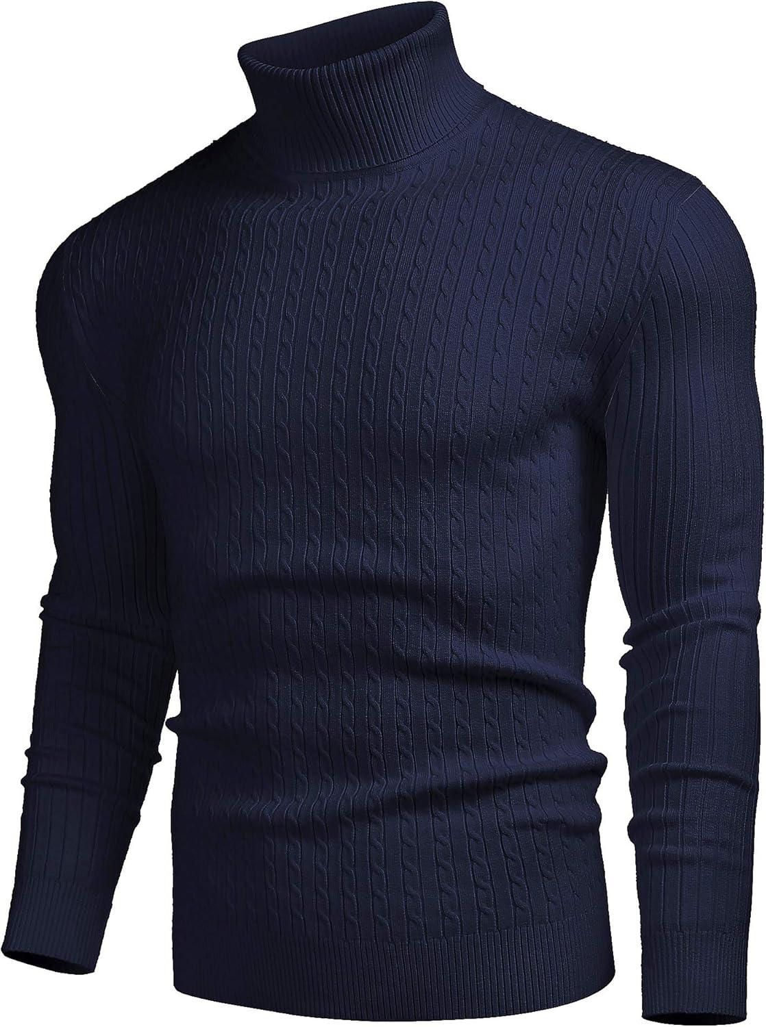 imageCOOFANDY Mens Slim Fit Turtleneck Sweater Casual Twist Patterned Pullover Knitted SweatersNavy Blue