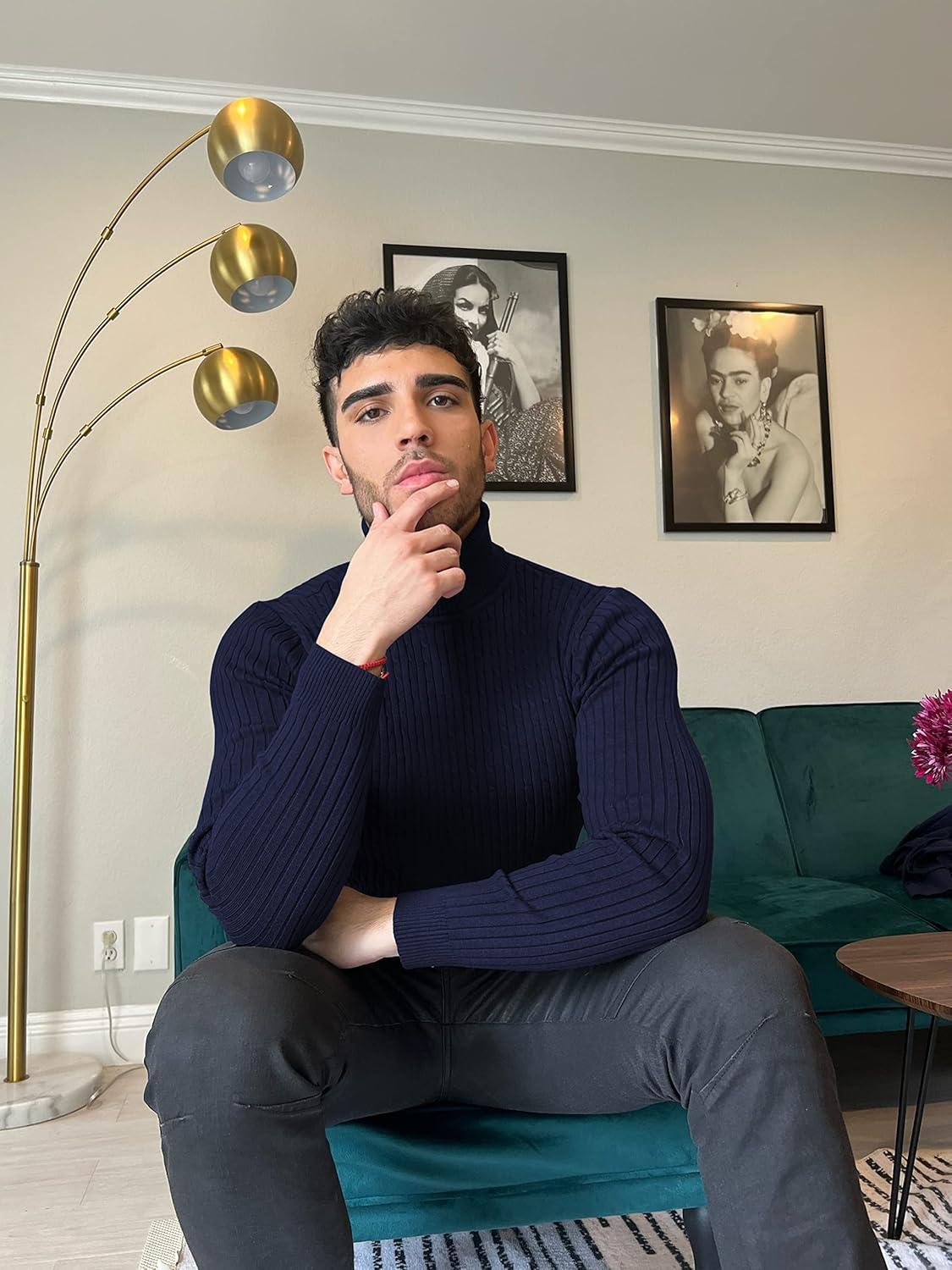 imageCOOFANDY Mens Slim Fit Turtleneck Sweater Casual Twist Patterned Pullover Knitted SweatersNavy Blue