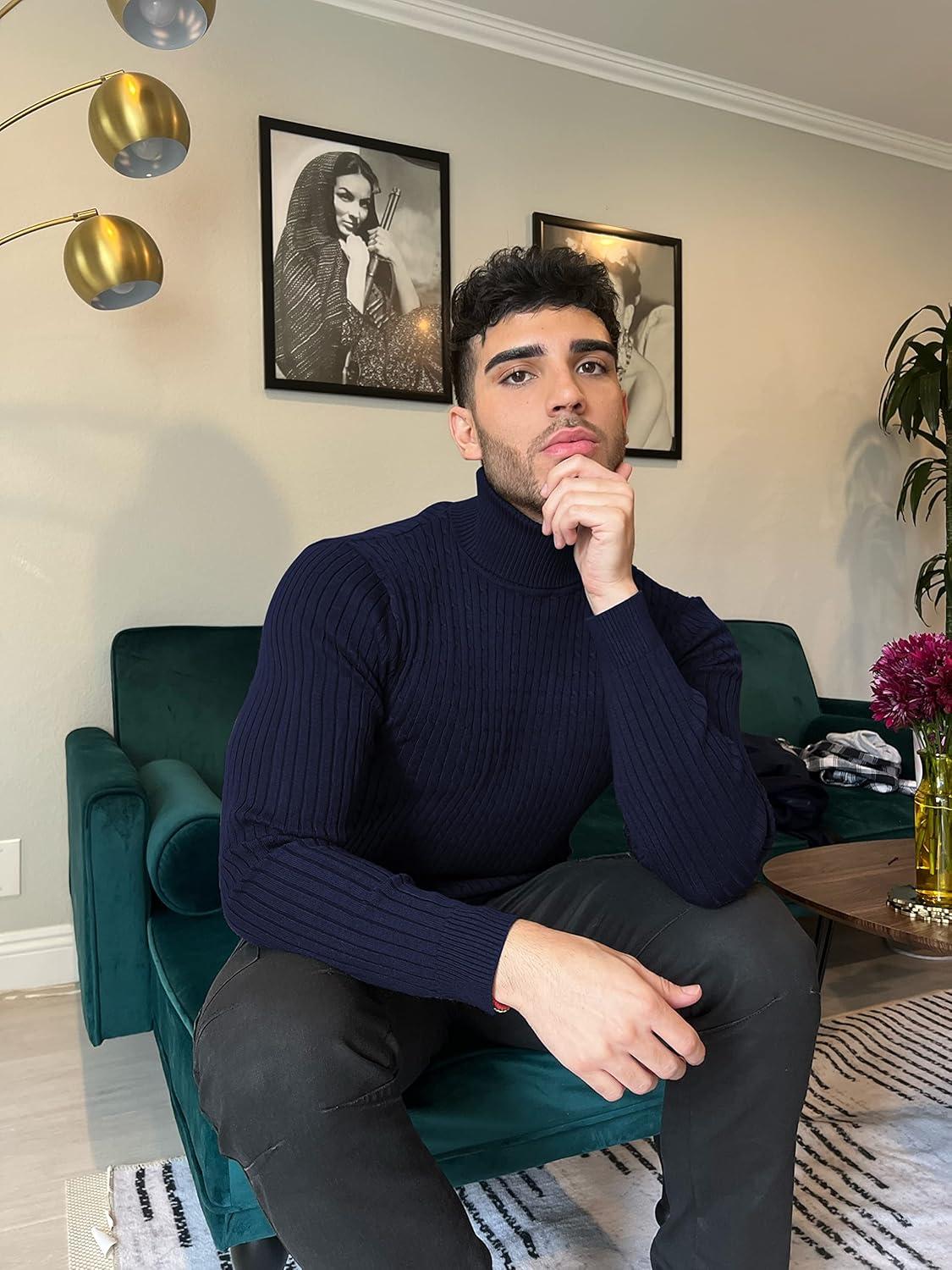 imageCOOFANDY Mens Slim Fit Turtleneck Sweater Casual Twist Patterned Pullover Knitted SweatersNavy Blue