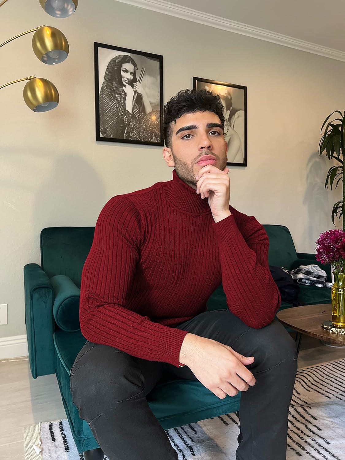 imageCOOFANDY Mens Slim Fit Turtleneck Sweater Casual Twist Patterned Pullover Knitted SweatersRed