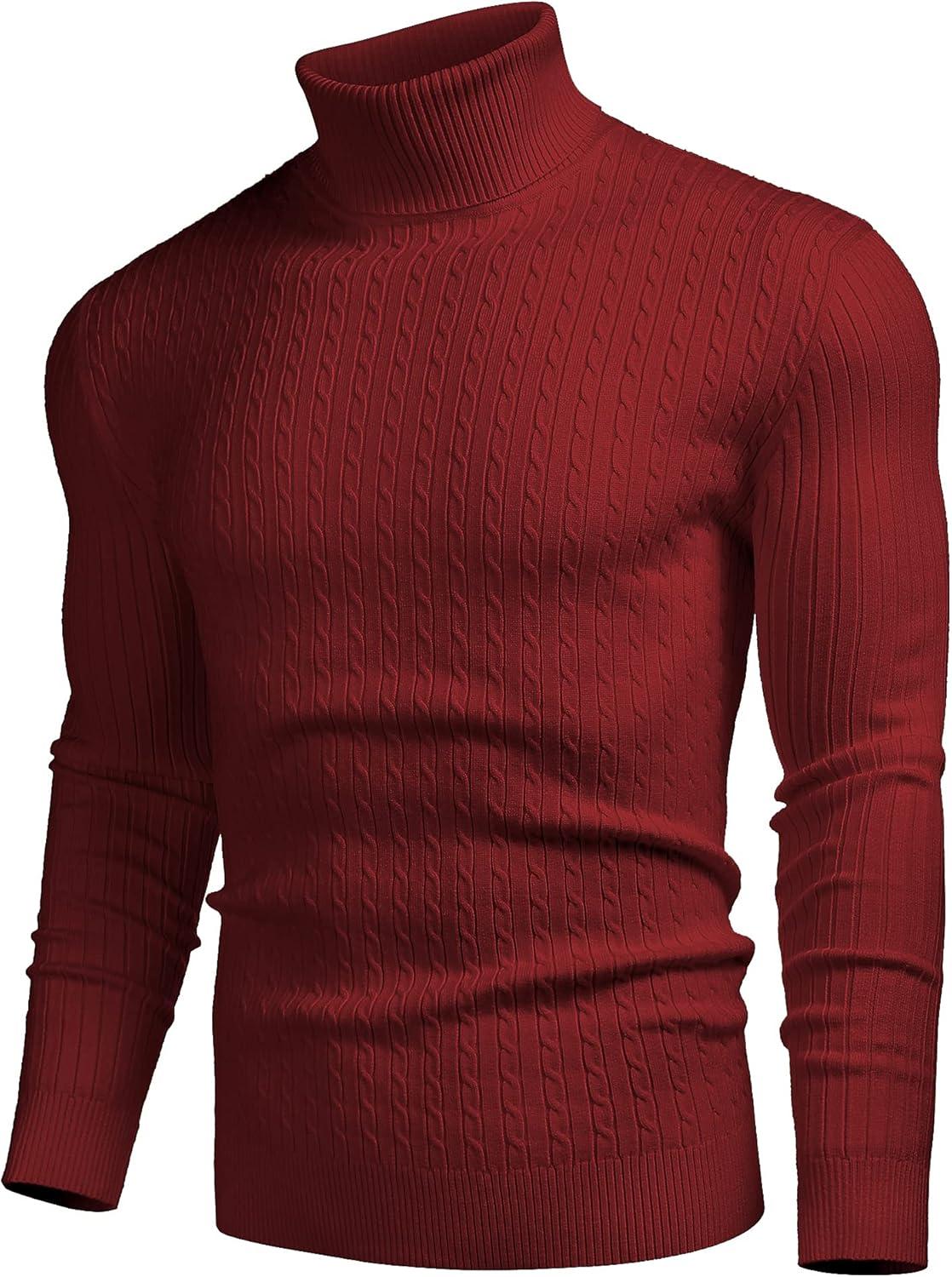 imageCOOFANDY Mens Slim Fit Turtleneck Sweater Casual Twist Patterned Pullover Knitted SweatersRed