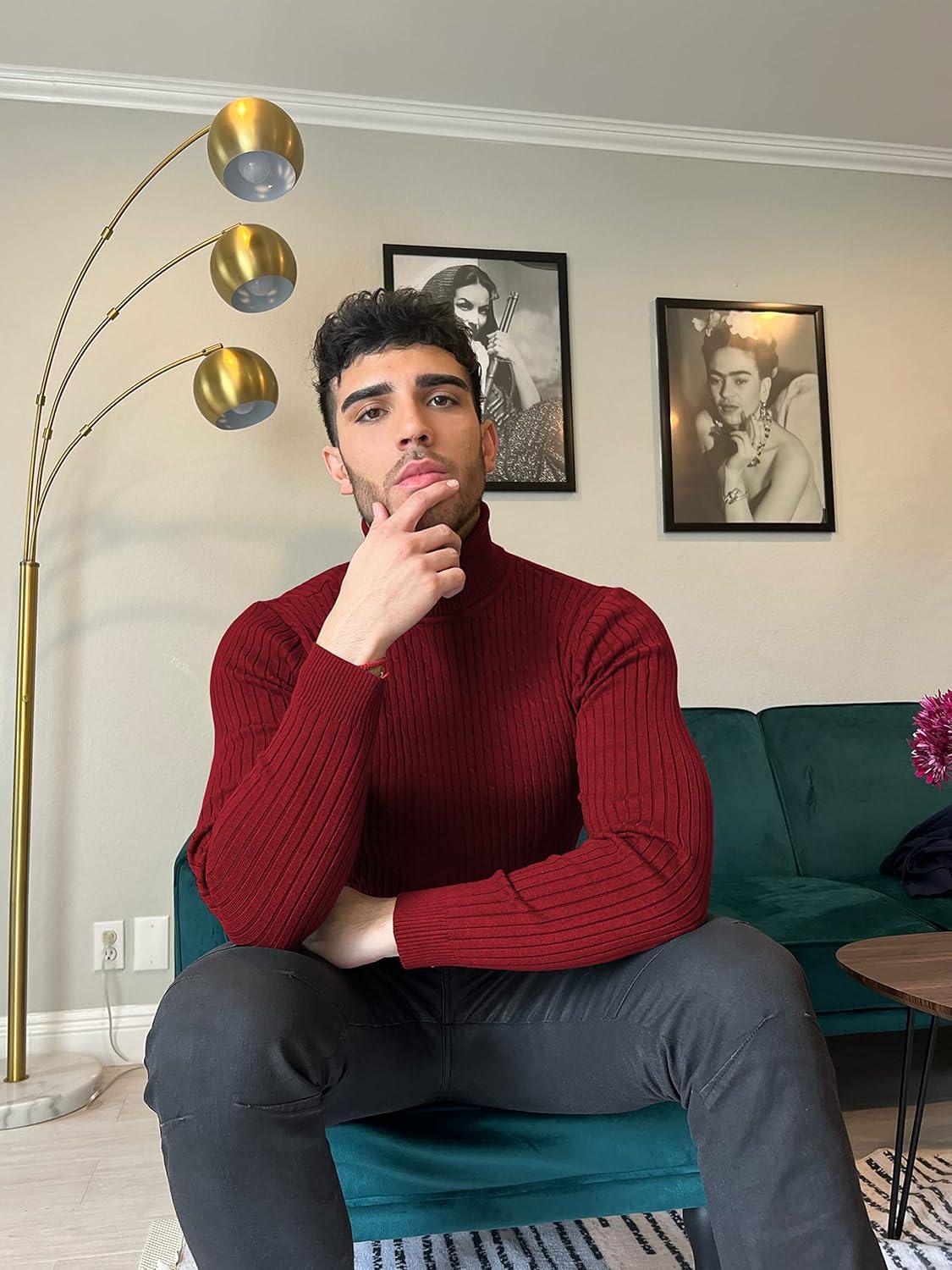 imageCOOFANDY Mens Slim Fit Turtleneck Sweater Casual Twist Patterned Pullover Knitted SweatersRed