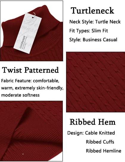 imageCOOFANDY Mens Slim Fit Turtleneck Sweater Casual Twist Patterned Pullover Knitted SweatersRed