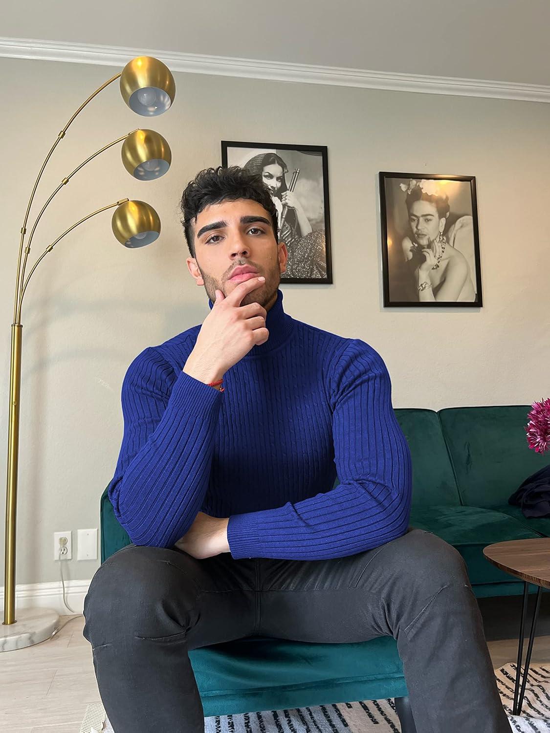 imageCOOFANDY Mens Slim Fit Turtleneck Sweater Casual Twist Patterned Pullover Knitted SweatersRoyal Blue