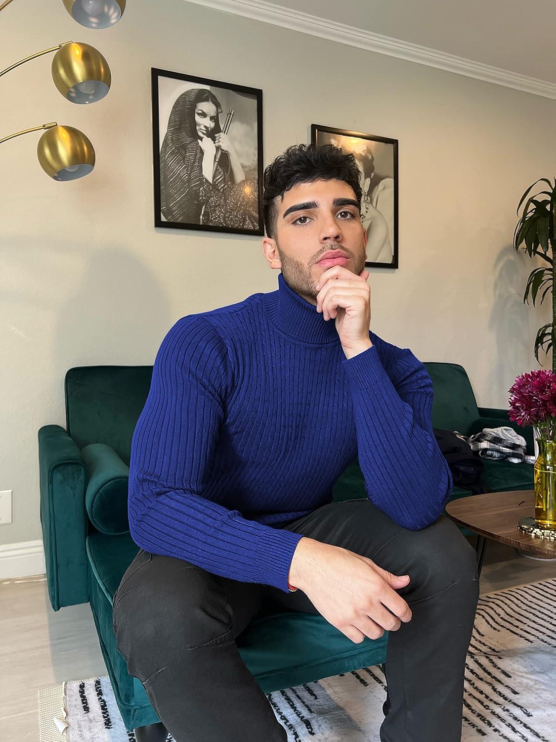 imageCOOFANDY Mens Slim Fit Turtleneck Sweater Casual Twist Patterned Pullover Knitted SweatersRoyal Blue