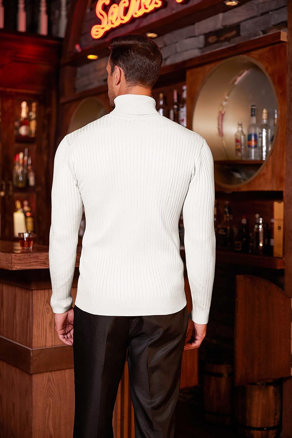 imageCOOFANDY Mens Slim Fit Turtleneck Sweater Casual Twist Patterned Pullover Knitted SweatersWhite