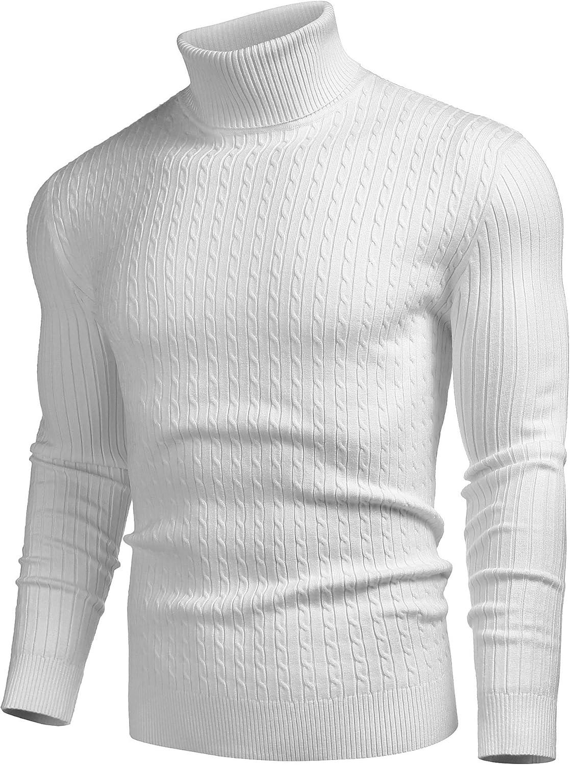 imageCOOFANDY Mens Slim Fit Turtleneck Sweater Casual Twist Patterned Pullover Knitted SweatersWhite